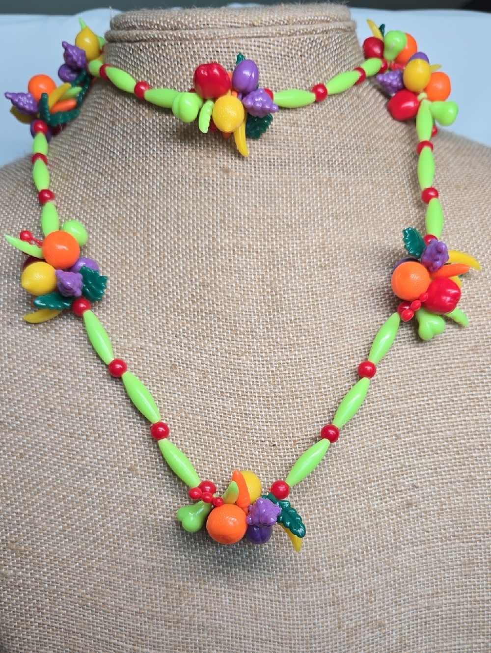 Vintage Plastic Fruit Cluster Bead Necklace - Lime Green, Red, Orange, Purple
